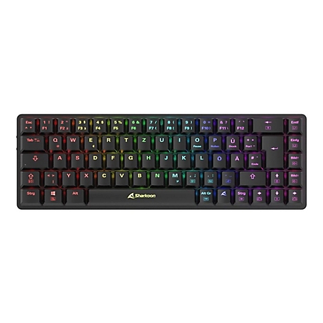 Schwarze Sharkoon Gaming-Tastatur im kompakten 60-Prozent-Layout mit bunter RGB-Beleuchtung auf weißem Hintergrund.