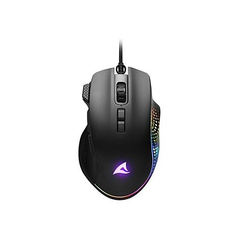 Schwarze Gaming-Maus mit RGB-Beleuchtung und beleuchtetem Logo auf weißem Hintergrund.