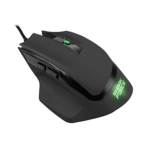 Schwarze Gaming-Maus mit grün leuchtendem Shark-Force-Schriftzug und DPI-Taste vor weißem Hintergrund.
