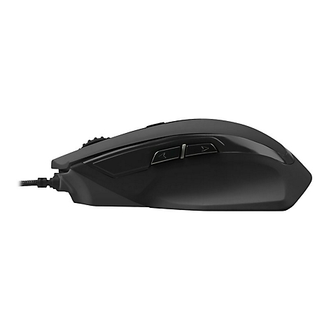 Schwarze kabelgebundene Gaming-Maus in Seitenansicht vor weißem Hintergrund.