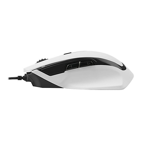 Weiße Gaming-Maus mit schwarzem Kabel und zwei seitlichen Tasten, isoliert vor weißem Hintergrund.