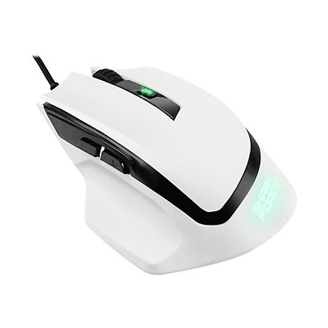 Weiße Gaming-Maus mit schwarzem Kabel, DPI-Taste und leuchtendem Shark Force Logo auf weißem Hintergrund.