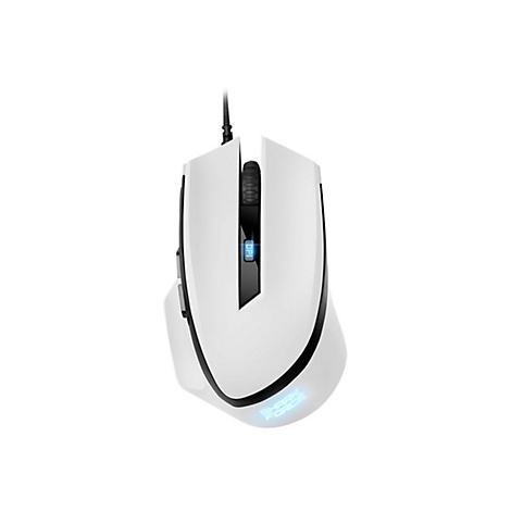 Weiße Gaming-Maus mit schwarzem Mausrad, DPI-Taste und beleuchtetem Sharkoon-Logo vor weißem Hintergrund.
