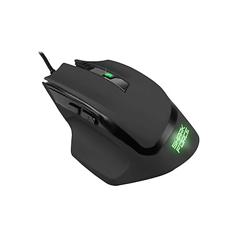 Schwarze Gaming-Maus mit grÃ¼nen Leuchtelementen. Auf der Maus ist SHARK FORCE zu lesen.