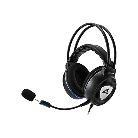 Schwarzes Gaming-Headset mit blauem Akzent, gepolstertem Bügel und abnehmbarem Mikrofon vor weißem Hintergrund.