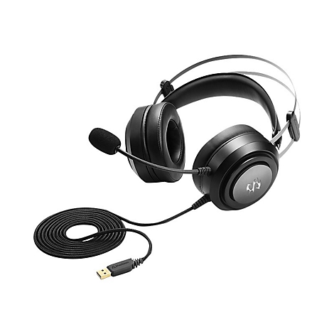 Schwarzes Gaming-Headset mit Mikrofon und langem USB-Kabel vor weißem Hintergrund.