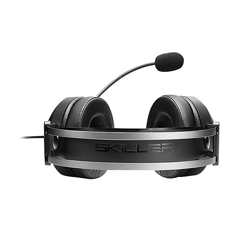 Schwarzes Gaming-Headset mit silbernem Bügel und Schriftzug SKILLER vor weißem Hintergrund.