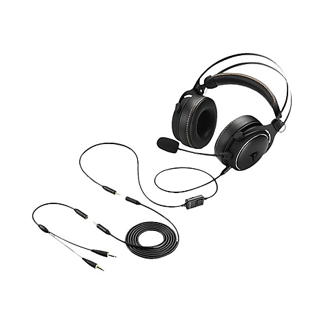 Schwarzes Gaming-Headset mit Mikrofon und Kabeln, Blickwinkel von oben. Auf hellem Hintergrund.