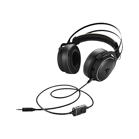 Schwarzes Gaming-Headset mit Kabelfernbedienung und gelben Ziernähten vor weißem Hintergrund.