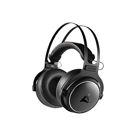 Schwarzes Sharkoon Gaming-Headset mit Ohrpolstern aus Kunstleder und dünnem Kopfbügel vor weißem Hintergrund.