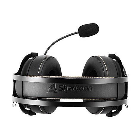 Schwarzes Sharkoon Gaming-Headset mit Kopfbügel, Ohrmuscheln aus Lederimitat und Mikrofon vor weißem Hintergrund.