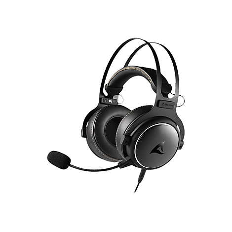Schwarzes Sharkoon Gaming-Headset mit Ohrpolstern aus Kunstleder und biegsamem Mikrofon vor weißem Hintergrund.