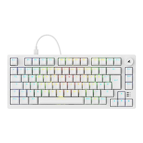 Weiße mechanische Tastatur im kompakten TKL-Layout mit RGB-Beleuchtung vor weißem Hintergrund.