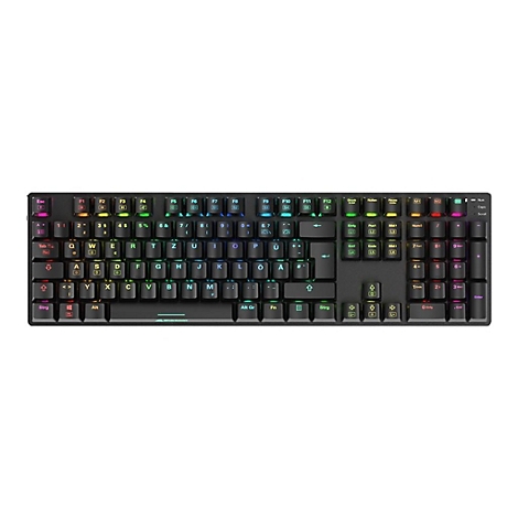 Schwarze Gaming-Tastatur mit QWERTZ-Layout und bunter RGB-Beleuchtung vor weißem Hintergrund.