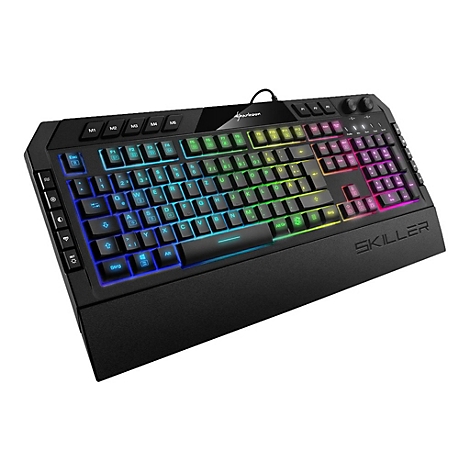 Schwarze Sharkoon Gaming-Tastatur Skiller mit RGB-Beleuchtung und integrierter Handballenauflage vor weißem Hintergrund.