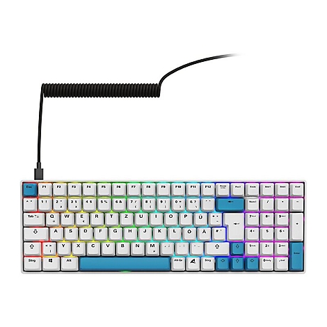 Kompakte mechanische Tastatur mit weißem Gehäuse, RGB-Beleuchtung, blauen Akzenttasten und Spiralkabel.