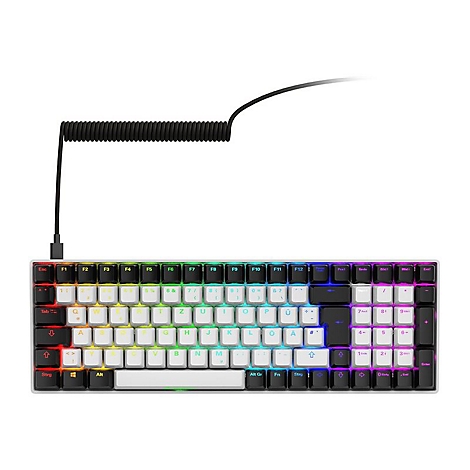Mechanische Tastatur in Weiß mit farbigen Tasten. Ein schwarzes, spiralförmiges Kabel verbindet sie. Die Beleuchtung variiert.