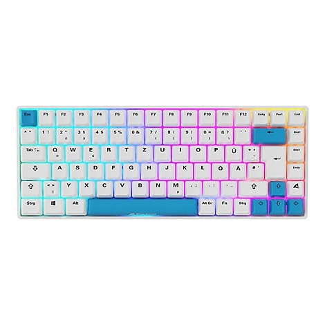 Kompakte weiße mechanische Tastatur mit hellblauen Akzenttasten und farbenfroher RGB-Hintergrundbeleuchtung.