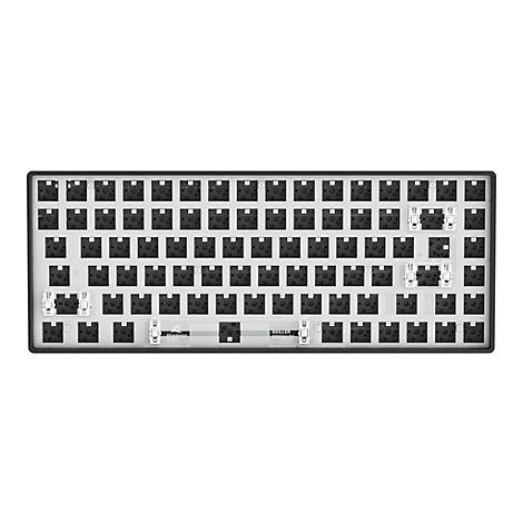 Draufsicht auf eine tastenlose mechanische Tastatur-Basis mit schwarzer Platte und weißen Stabilisatoren.