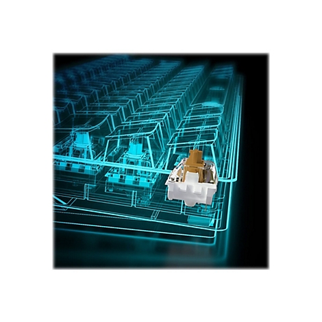 Ein mechanischer Tastaturschalter in Braun und Weiß, hervorgehoben vor einem blau leuchtenden Drahtgittermodell einer Tastatur.