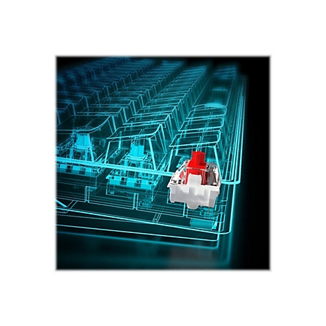 Ein rot-weißer mechanischer Tastatur-Switch vor einem blauen, transparenten Drahtgitter-Modell einer Tastatur.