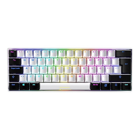 Kompakte mechanische Tastatur mit weiß-schwarzen Tasten und leuchtender RGB-Beleuchtung auf weißem Hintergrund.
