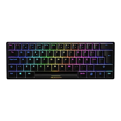 Kompakte schwarze Gaming-Tastatur mit RGB-Beleuchtung und Sharkoon-Logo auf schwarzem Hintergrund.