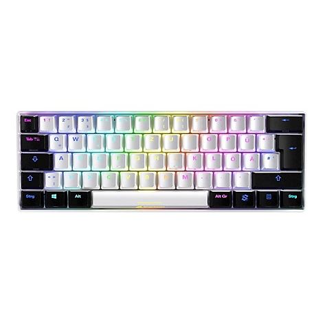 Kompakte Gaming-Tastatur mit weißem Gehäuse, schwarzen Randtasten und regenbogenfarbener RGB-Beleuchtung.