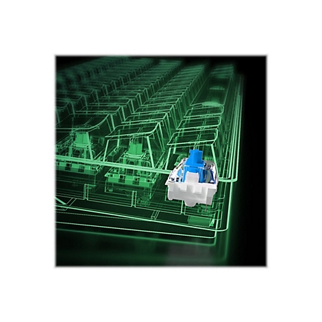 Ein einzelner blauer mechanischer Tastaturschalter vor einem grünen, schemenhaften Drahtgittermodell einer Tastatur.