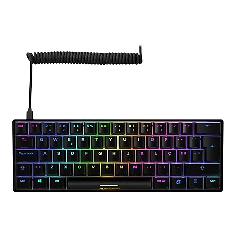 Kompakte schwarze Gaming-Tastatur mit RGB-Beleuchtung und einem gewickelten USB-Kabel auf weißem Hintergrund.