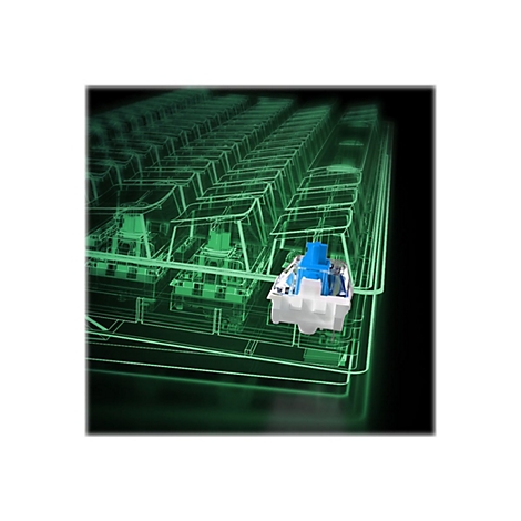 Ein blauer mechanischer Tastaturschalter wird vor einem grünen, transparenten Drahtgittermodell einer Tastatur hervorgehoben.