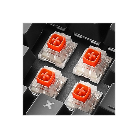 Nahaufnahme von vier orangenen Tastenschaltern mit einem Kreuz-Design, umgeben von schwarzen Tastenkappen.