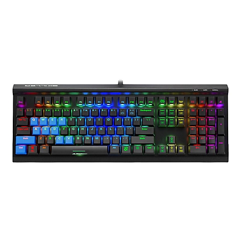 Schwarze Gaming-Tastatur mit RGB-Beleuchtung. Die Tasten sind in verschiedenen Farben beleuchtet. Oben steht "SKILLER".