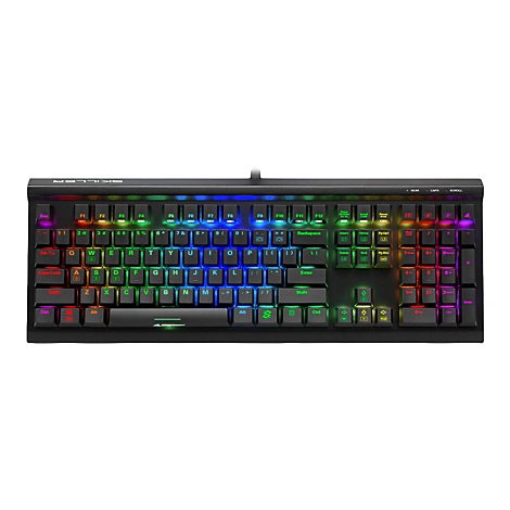 Schwarze Gaming-Tastatur mit bunten RGB-Tasten. Beschriftungen sind weiß. Oben steht "SKILLER".