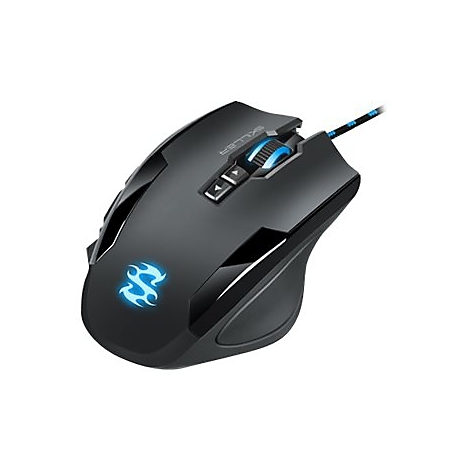 Schwarze Gaming-Maus mit blauer LED-Beleuchtung vor weißem Hintergrund.