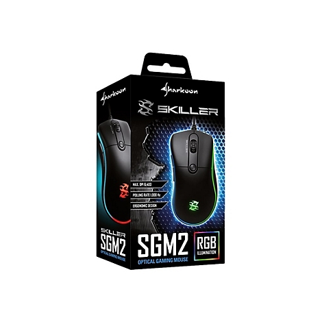 Verpackung einer schwarzen Sharkoon Skiller SGM2 Gaming-Maus. Die Maus ist in RGB-Farben beleuchtet.