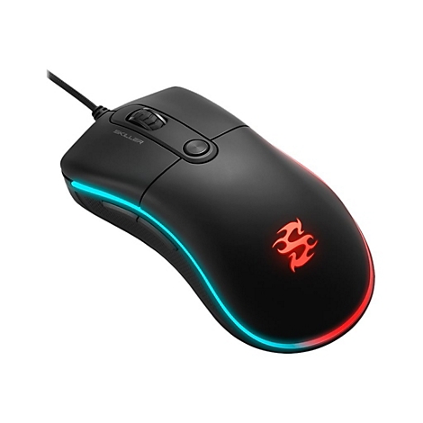 Schwarze Gaming-Maus mit RGB-Beleuchtung. Ein Flammenlogo leuchtet rot.