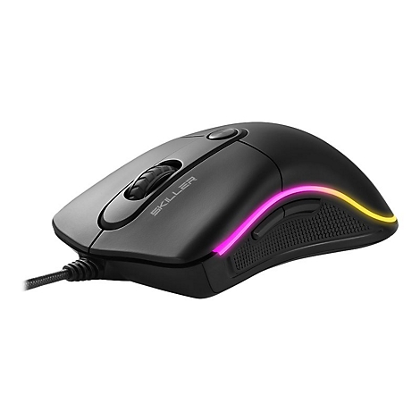 Schwarze Gaming-Maus mit RGB-Beleuchtung. Auf der Oberseite sind eine Taste und ein Scrollrad zu sehen.