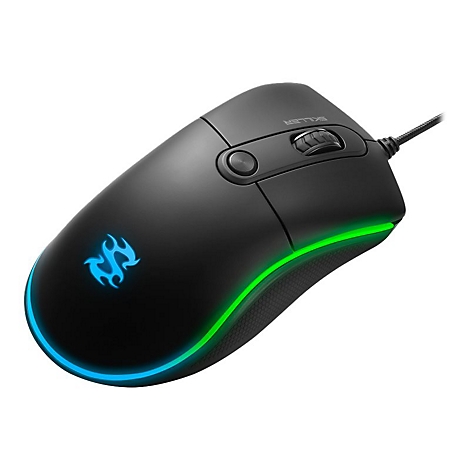 Schwarze Gaming-Maus mit blau-grÃ¼ner LED-Beleuchtung, Logo und Kabel.