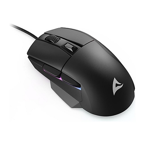 Schwarze, ergonomische Gaming-Maus mit Kabel, seitlichen Tasten und dezentem Logo vor weißem Hintergrund.