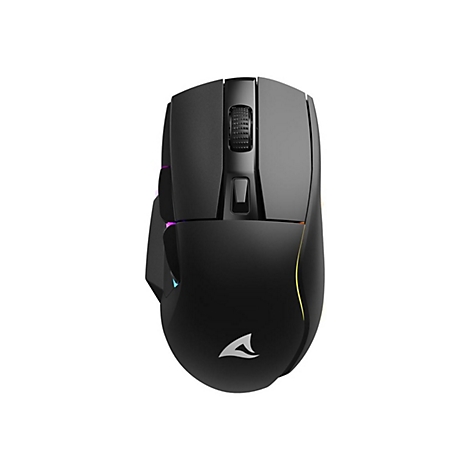 Schwarze Gaming-Maus mit RGB-Beleuchtung und Sharkoon-Logo auf weißem Hintergrund.