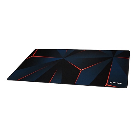 Rechteckiges Sharkoon Gaming-Mauspad mit schwarz-blauem geometrischem Muster und leuchtend roten Akzentlinien.