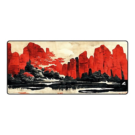 Rechteckige Schreibtischunterlage mit einer künstlerischen Darstellung roter Felsformationen in einem japanischen Stil.