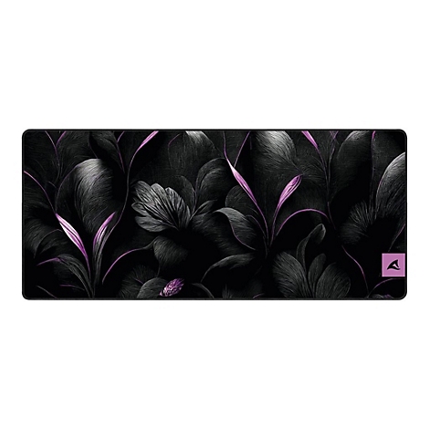 Schwarzes Mauspad mit floralem Muster. Graue Blätter mit lilafarbenen Akzenten.