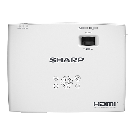 Projecteur Sharp blanc avec commandes, objectif et logo HDMI.