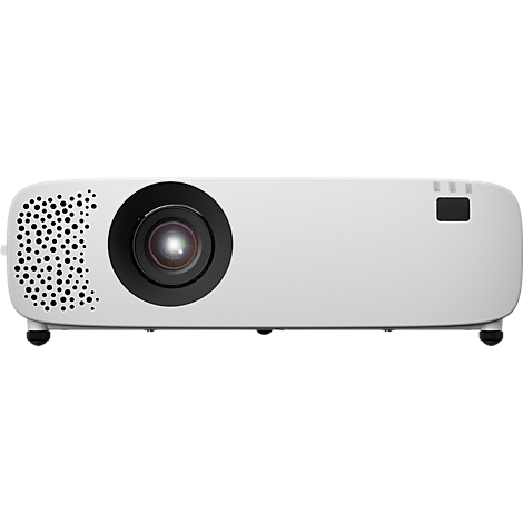 Witte projector met zwarte lens en ventilatiegaten. Bovenkant met bedieningselementen, onderkant met voetjes.