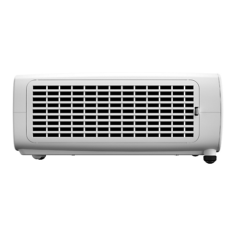 Witte projector met zwart rooster en zwarte voeten.