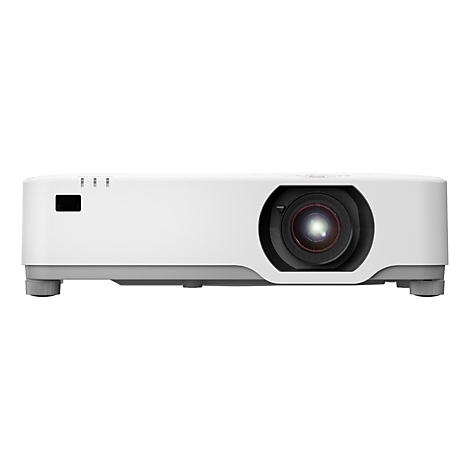 Witte projector met lens en ventilatieopeningen. Staat op vier poten tegen een witte achtergrond.