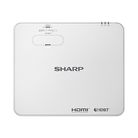 Witte projector van Sharp. Kleine indicatoren bovenaan, het SHARP-opschrift in het midden en HDMI en HDBT onderaan.