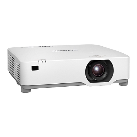 Witte projector met lens en ventilatiegaten. Het woord SHARP staat bovenaan.